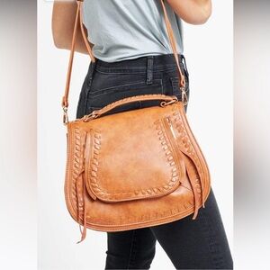 Urban Expressions Tan Khloe Vegan Leather Saddle Shaped Crossbody Bag